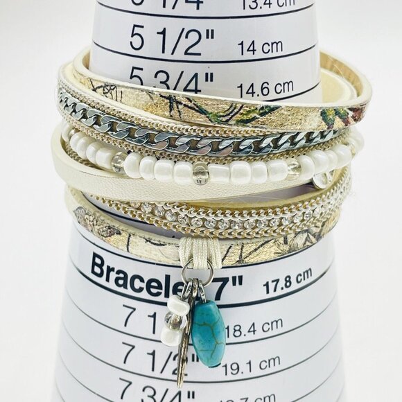 Multilayer Faux Leather Bracelet Silver Tone Magnetic Closure Turquoise Leaf - Picture 4 of 8